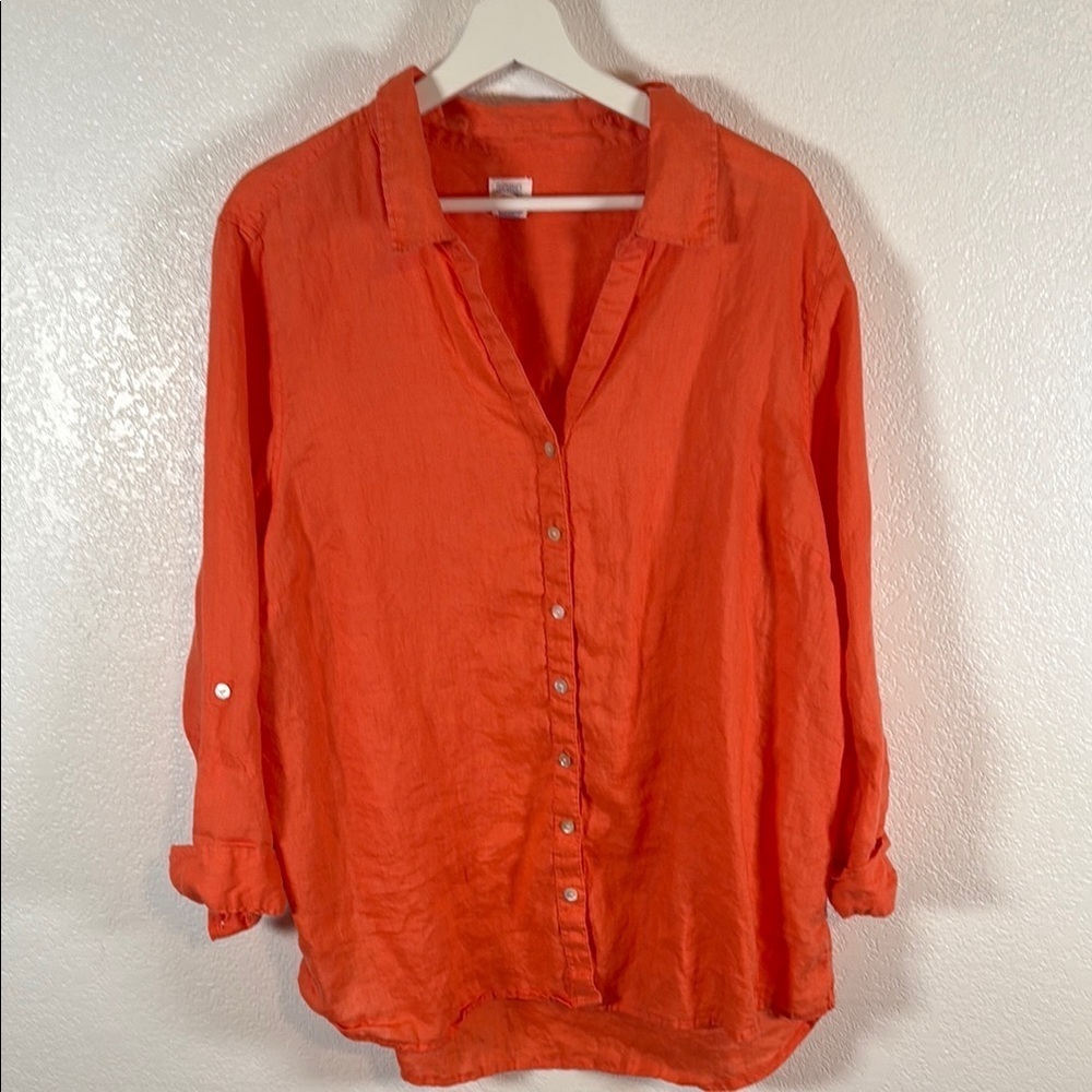Sigrid Olsen Bright Orange Linen Button-Down Shirt